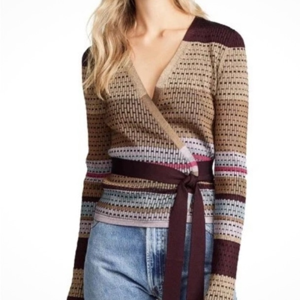 DVF - DIANE VON FURSTENBERG
Metallic Striped Wrap Sweater In Cabernet Multi XXS